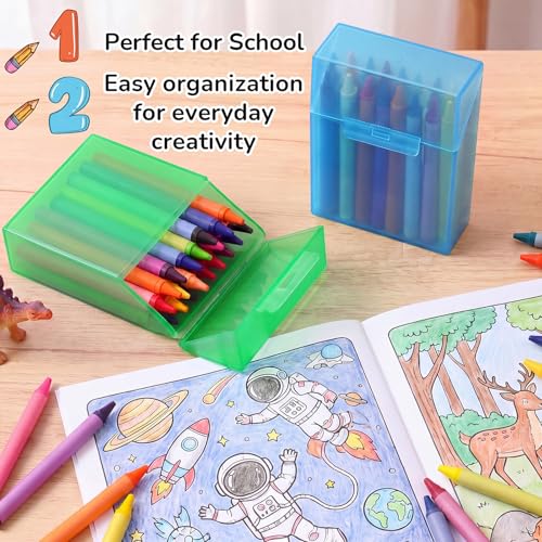 Clabby 4 Pcs Clear Plastic Crayon Boxes Hold 24 Count, Blue,Green | Organizer Box, Case, Colorful, Portable Storage Holder with Snap Lid, for Boys Girls Kids School Classroom Home Art Supply - color: Blue,Green
