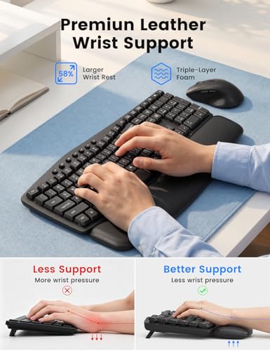 Wireless Keyboard and Mouse Combo, SABLUTE MA41 30dB Quiet Ergonomic Wave Keyboard Set with Soft Leather Palm Rest, Dual-System Switch for Windows/Mac, Ideal for Business Teams Home Office | Soft Leather Memory Foam Wrist Rest, 2.4GHz Wireless, UAB-A & US