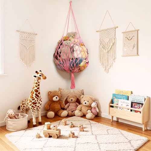 Amdermi Stuffed Animal Storage Hammock Corner Hanging Net Stuffy Animal Hammock Macrame Toy Display Plush Toy Holder for Kid Bedroom Decor Boho Nursery Playroom Organizer (pink) - color: Pink