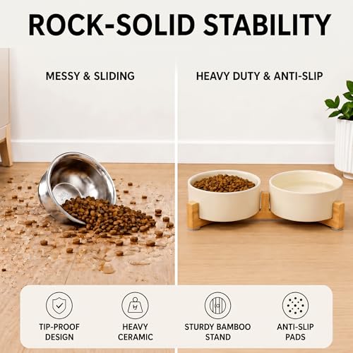 SPUNKYJUNKY Ceramic Dog and Cat Bowl Set with Wooden Stand, Modern Cute Weighted Food Water Set for Small Size Dogs (13.5OZ) & Medium Sized Dogs (28.7OZ) & Cats (1.7 Cups, 2 × Beige) - color: Beige × 2, size: 1.7 cups