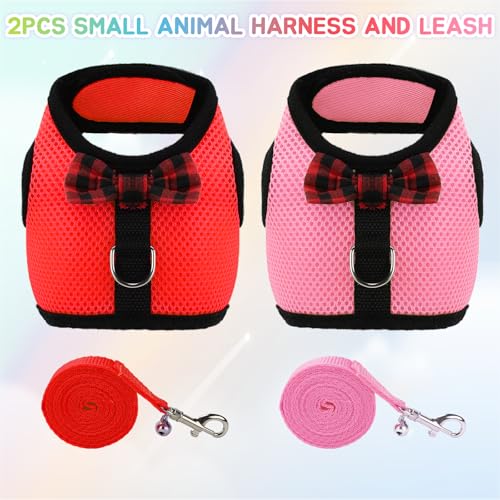 2pcs Animal Harness and Leash, Ferret Harness No Pull Soft Mesh Red Pink,S | Soft Mesh Comfort, Bell for Outdoor Walks, Velcro Easy-On Fit, 4.4 ft Leash, for Baby Ferrets, Rats and Guinea Pigs - color: red+pink, size: Small (Pack of 2)