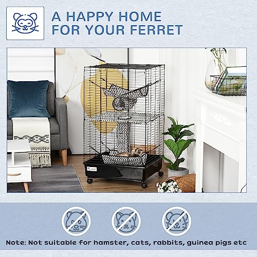 PawHut 42" Ferret Cage, Small Animal Habitat Metal Pet Cage with Wheels Brakes, Hammocks, Hanging Tunnels, and 3 Doors, Black | Metal Pet Cage, Hammocks, Hanging Tunnels