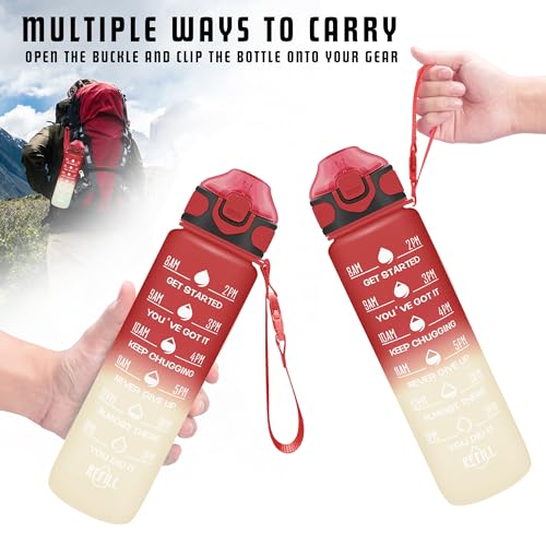 Enerbone 32 oz Drinking Water Bottle with Times to Drink and Straw, Motivational with Carrying Strap, Leakproof BPA & Toxic Free, Ensure You Drink Enough Water for Fitness Gym Outdoor - color: Cherry Cream