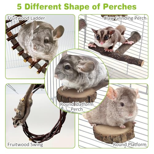 BNOSDM 6PCS Chinchilla Cage Accessories, Natural Wood Sugar Glider Climbing Bridge & Perch Platforms, Rat Enrichment Toys Set for Small Animals Squirrel, Gerbil, Hamster - color: 6PCS-Wooden Ladder & Swing T-Perch Set
