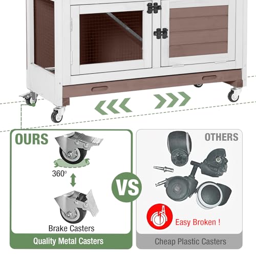 Rabbit Hutch Indoor or Outdoor, Wooden Rabbit Cage with Two Removable Trays, 2-Story Bunny Cage with Wheels, 36’’ Guinea Pig Cage (Brown) - color: Brown, size: 36.0"L x 17.7"W x 36.4"H