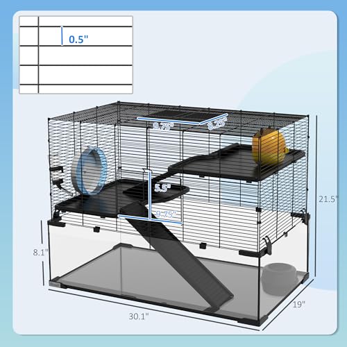 PawHut Large Hamster Cage Deep Tempered Glass Bottom 30"x19"x21.5" Black | 3 Tiers Hamster Tank, Running Wheel, Hut, Water Bottle, Dish, Rat Cage for Syrian, Dwarf, Gerbils, Mouse - size: 30.1"L x 19.0"W x 21.5"H