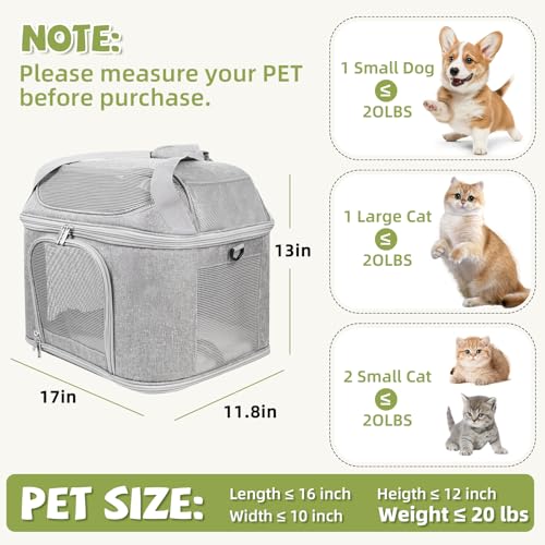 Soft Cat Carrier Up to 20 Lbs, Washable Pet Travel Bag for Kitten Puppy | Breathable Mesh, Medium to Big Pets Small Dog,Soft-sided Cloth Animal Crate for Car Travel Carrying, Safe for Vet Visit,Grey - color: Gray