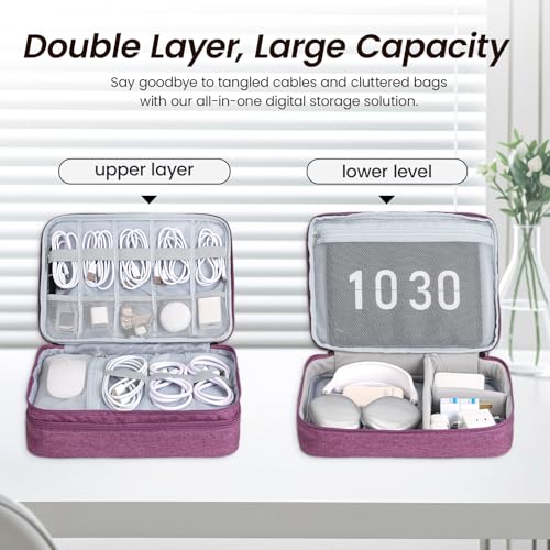 Electronic Organizer Travel Case, Double Layer Cable Organizer Bag | Double-layer design with adjustable dividers, mesh pockets and elastic loops for chargers, cables, power banks and gadgets - color: purple
