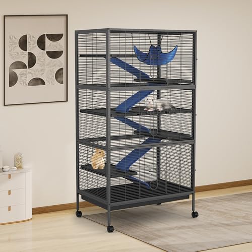 50" Large Metal Ferret Cage, Small Animal Habitat with Lockable Doors, Ramps, Wheels, Storage Cabinet, Multi-Level Chinchilla Cage for Chinchillas, Ferrets, Guinea Pigs, Rats, Hammock(Black) - size: 50in