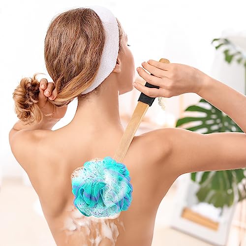 FORENEE Green and Purple Loofah on a Stick, PE Mesh Back Scrubber | Soft PE mesh for rich lather and gentle cleansing; water-resistant coated wood handle, non-slip rubber grip and hanging loop - style: Green