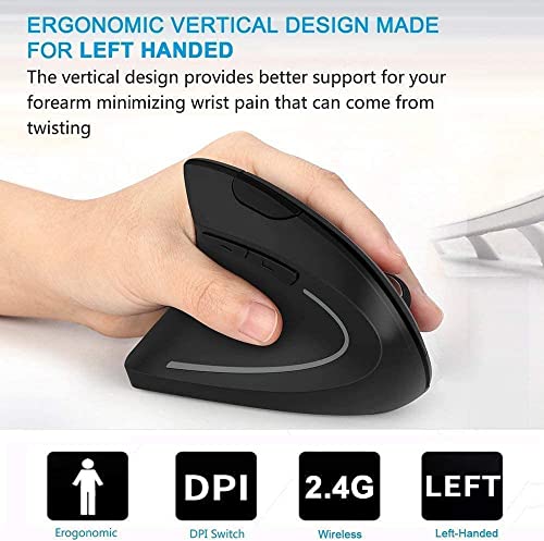 Ergonomic Left-Handed Wireless Vertical Mouse, 2.4G, 3 Adjustable DPI (800/1200/1600), Specially for Left Handers - color: Black - Left Hand - Battery