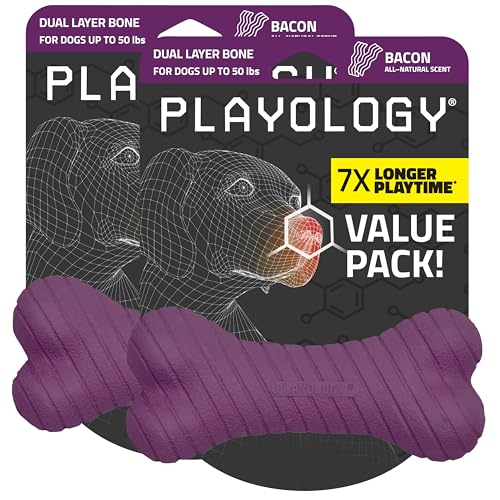 Playology Dual Layer Bone Dog Chew Toy - Medium, Bacon Scent, 2-Pk | Rubber Construction, All Natural Scent, Heavy Duty Design - size: Medium (VALUE 2-Pack), style: Bacon