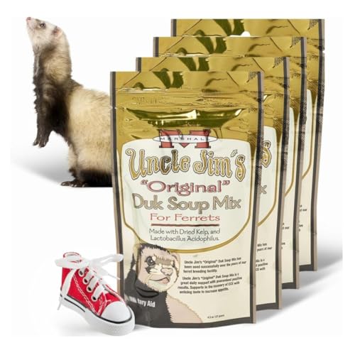 Marshall Uncle Jim’s DUK Soup Mix for Ferrets – 4.5 oz Each – Digestive Support, Recovery & Vitality Aid – Includes 2 Squeaky Toys for Enrichment & Fun – (Pack of 4)