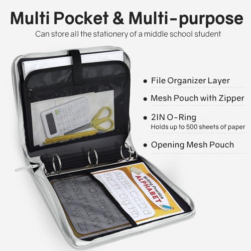 SUNEE Zippered Binder Bag with Handle, 2-Inch 3-Ring O-Ring, 500-Sheet Capacity, Includes Zip Pocket, 5-Tab Expanding File Folder, Multi-Pocket Organizer Binder for Middle School, Light Grey - color: Light Grey