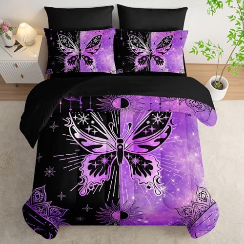 7pcs Animals Comforter Set Black Purple Butterfly Printed Bedding Set with 1 Comforter, 1 Flat Sheet, 1 Fitted Sheet and 4 Pillowcases for Boys and Girls Bedroom (Butterfly-3 Twin - color: Butterfly-3, size: Twin 68x86inches