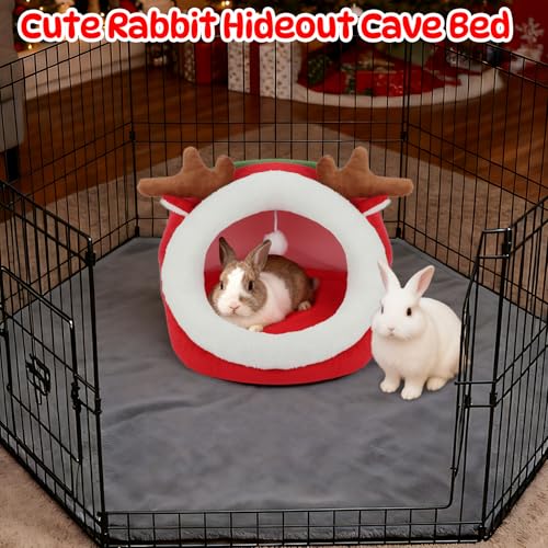 YUEPET Christmas Pet Bed, Reindeer Cave, Bunny Hideout, Guinea Pig Hideout | Semi-Closed Reindeer Cave, Warm Plush Fabric, Removable Cushion, Washable Bed, Anti-Slip Base, Size S, 13.8 in