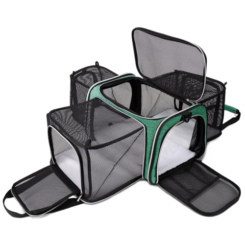 BAGLHER Cat Carrier Bag,Airline Approved Pet Carrier Soft Side Pet Travel 5 Sides Open Doors 3 Sides Expandable Foldable Dog Carrier with Fleece Pad - color: Green, size: 17.5"L x 12.0"W x 11.5"H