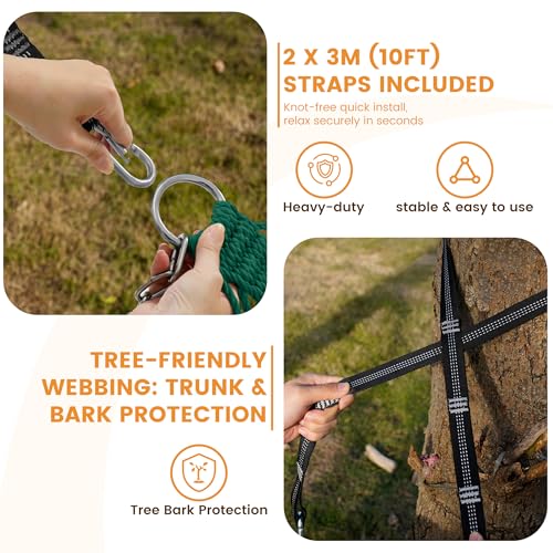 Lazy Daze 13 Ft Double Handwoven Polyester Rope Hammock with Tree Straps | Mesh Hammock for 2 Person, with Spreader Bar, Carabiners, Chains for Outside, Backyard, Patio, 450 Lbs Capacity - color: Green