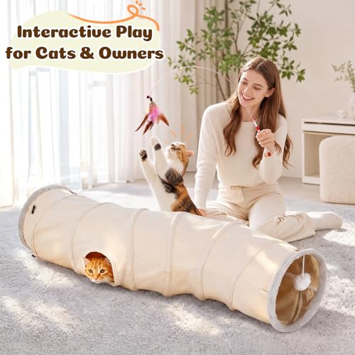 Ownpets S-Shape Cat Tunnel Toy 48"L x 10"D, for Cats, Puppies & Small Pets | Collapsible for storage, tear-resistant oxford fabric, connects to other tunnel, with peek hole, feather wand, indoor/outdoor - size: 10 Inches in Diameter