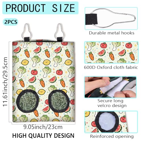2Pcs 2 Styles Rabbit Hay Feeder Bags for Guinea Pigs Chinchillas 11.6 x 9.1 Inch Hanging Hay Bag with 2 Holes Vegetables Fruit Cloth Washable Small Animal Feeding Storage Cage Accessories - color: Vegetables