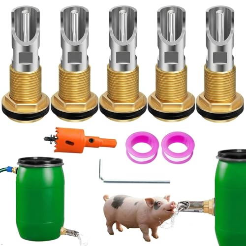 5 Pack Pig Nipple Waterer for Barrel Kit Stainless Steel Automatic, Pig Nipple Drinkers Piglets Nipple Feeders for Hog Pig Goats Swine Piglets Drinking