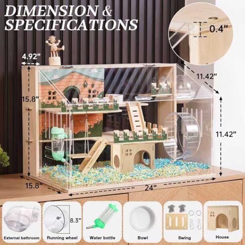 12 in 1 Large Wooden Hamster Cage with All Accessories, 24"*15.8"*15.8" 3-Layer Dwarf Hamster Cage Acrylic,Pastoral Style Mouse Cage for Pet Mice, Hedgehog, with Stairs, Fences and House - size: 24.0"L x 15.8"W x 15.8"H