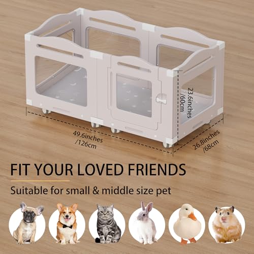 Acrylic Dog Playpen, Indoor Whelping Box with Pet Stroller, Puppy Playpen for Small Medium Pets, Cat Rabbit & Puppies, 6-Panel with Bottom Panel, 8 Wheels, Safe, Sturdy, Apricot Gray - color: Apricot Gray