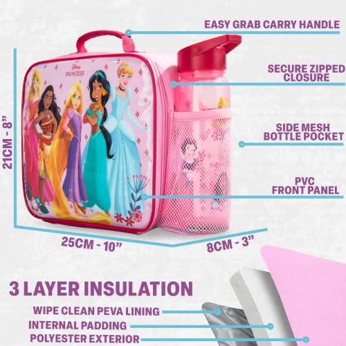 Get Trend Disney Princess Girls Lunch Bag, Bento Box & Water Bottle Set | Insulated Lunch Bag, 3 Compartment Lightweight Snack Box, 22 fl oz BPA-Free Water Bottle with Straw, School, Gifts for Girls - color: Pink/Multi Princess