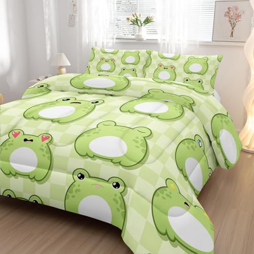 Nttopship Cartoon Frog Comforter Bedding Set with 2 Pillowcase Full Size Cute Animals Comforter Set for Kids Boys Girls Bedroom Decor - color: Cartoon Frog, size: Full
