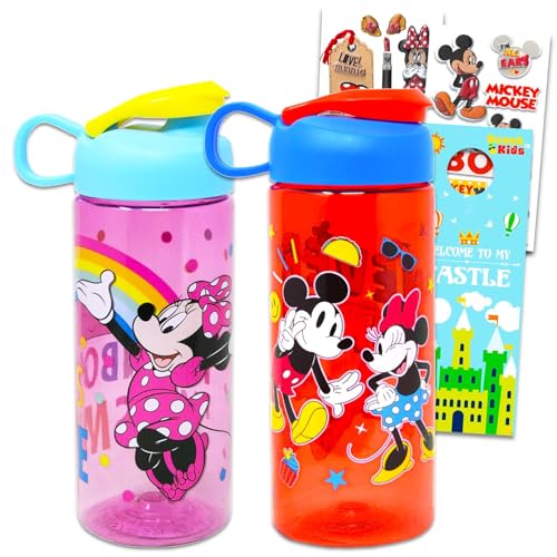 Mickey and Minnie Water Bottle Set for Kids, Girls, Boys - 5 Pc Disney School Supplies Bundle with Mickey Water Bottle, Minnie Water Bottle, Stickers and More | Disney Drinking Cups for Kids