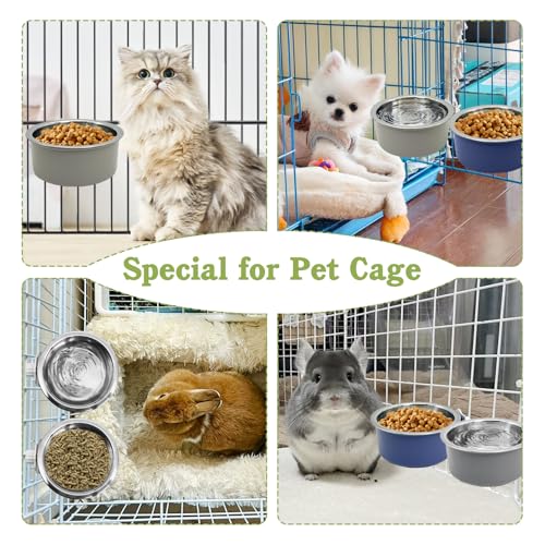 Tfwadmx 2 Pcs Crate Dog Bowl Cat Removable Stainless Steel Food and Water Feeder Hanging Cage Bowls Coop Cup with Cleaning Set for Pet Puppy Bird Rat Guinea Pig Bunny Rabbit (Dark Blue, Gray) - color: Dark Blue, Gray (2 PCS)