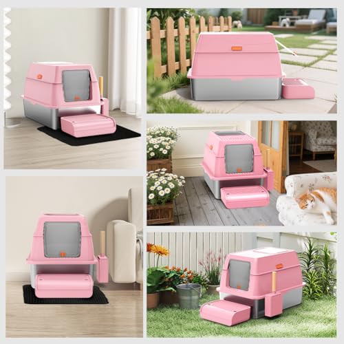 SZEE XL Stainless Steel Litter Box with Lid, Extra Large Metal Covered Litter Box, Stainless Box Easy Clean, Activated Charcoal Odor Control Design, Includes Litter Scoop & Mat & Step, Pink - color: Pink