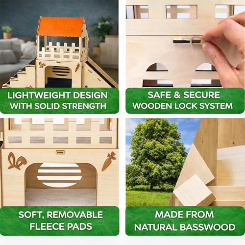 Deluxe Extra Large Wooden Rabbit Castle with Feeding Station, 2-Story Spacious Bunny Hideout House, Easy Assembly Indoor Habitat for Rabbits, Guinea Pigs and Chinchillas