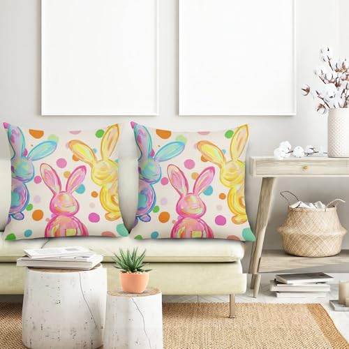 Easter Bunny Pillow Covers 16x16 Inch Colorful Rabbits Blue Pink Yellow Throw Pillows for Couch Soft Durable Cushion Covers Spring Holiday Pillow Cases for Bed Sofa Decor Set of 2 - color: Easter-colorful Bunny, size: 16" x 16" (Pack of 2)