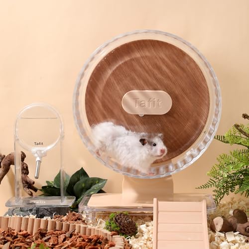 Silent Hamster Wheel 8.7 Inch Dual-Bearings Quiet Running Exercise Wheels with Wood Grain Backboard, Height Adjustable for Dwarf Hamsters, Gerbils, Mice, Hedgehog, Lemmings, Warm Brown - color: Warm Brown, size: 8.7inch