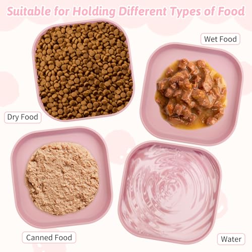 Fhiny 2PCS Silicone Cat Bowls Set 5.9 x 5.9 in Shallow Dog Dish Whisker Friendly Cat Food Plate for Dry & Wet Food Dishwasher Safe Non-Slip Pet Feeding Bowls for Kittens and Puppies (Pink) - color: Pink