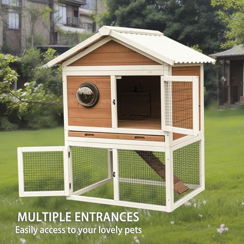 2-Tier Wooden Rabbit Hutch, Outdoor Bunny Cage with Pull-Out Tray, Ramp, Waterproof Roof, Large Space Pet House for Rabbit Guinea Pig Chicken, Indoor Outdoor Small Animal Habitat（96484）