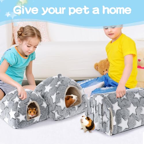 3 Pack Guinea Pig House Accessories, Washable 2 Guinea Pig House and Hideout Tunnel with Curtains, Chinchilla Hideout for Hamster, Rabbit, Bunny, Chinchillas (Gray-Star) - color: Gray-Star