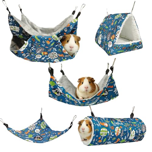 kathson 5 PCS Guinea Pig Hammock Set, Washable Rat Hammock, Guinea Pig Hideout Bed Soft Hamster Hanging Tunnel Mats Small Pets Cage Accessories for Chinchilla, Sugar Glider, Squirrel(Blue) - color: Blue
