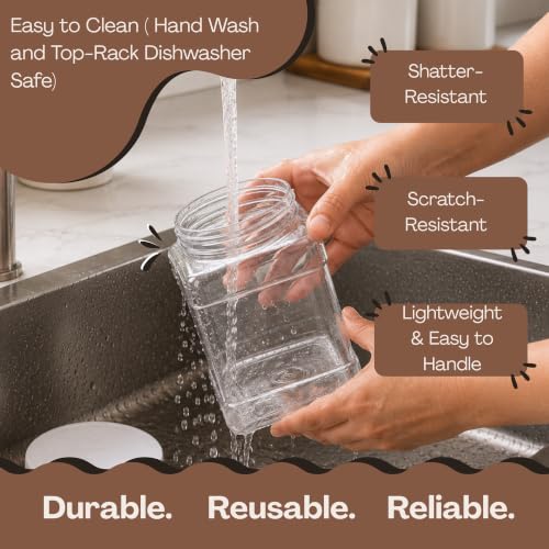 Pride of India Clear Food Grade PET Plastic Jar – 48 Fluid Ounce | Square-Grip Plastic Containers for Snacks, Candy, Cereal, Pet Food, Kitchen, Pantry & Household Storage (4-5 Cup Storage Capacity) - size: Large Square Grip Jar & Cap
