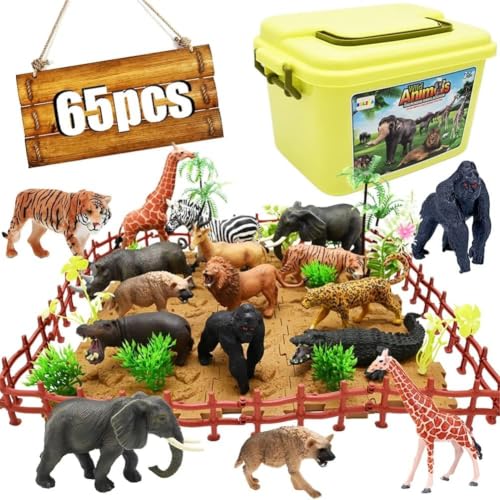 65PCS Safari Jungle Animals Figures Toy with Building Blocks for Kids 3-8 | Realistic African Wild Animals with Fence & Storage Box, Zoo Learning Toys Christmas Birthday Gift for Boys Girls - style: Safari Animals Playset