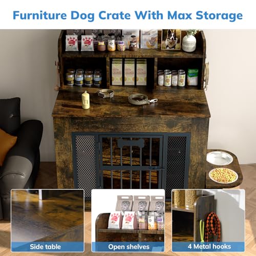 Petrova 33" Dog Crate Furniture with Storage Shelf & 2 Stainless Steel Bowls, Heavy Duty Indoor Dog Kennel for Medium/Small Dogs, Wooden Dog Cage with 4 Hooks, LED Light, Walnut Brown - color: Walnut Brown, size: 33.9"L x 21.9"W x 37.2"H