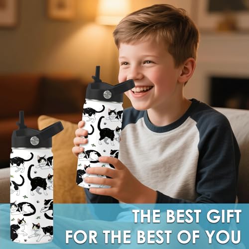 Girls Water Bottle, 16oz Black Cat Insulated Water Bottle with Straw (1pc) | BPA-Free, Leak Proof, Stainless Steel, with Handle, Kids Water Bottle for School, Boys, Travel, Cats Lovers Gifts Cup - color: Cow Cat, size: 16 Ounces