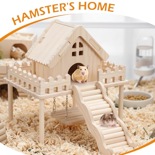 Hamster Wooden House with Platform,Ramp & Swing - Natural Wood Play Set forSyrian Dwarf Hamsters, Gerbils, Mice,Small Animals Cage Accessories