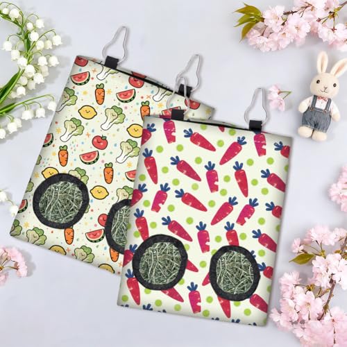 2Pcs 2 Styles Rabbit Hay Feeder Bags for Guinea Pigs Chinchillas 11.6 x 9.1 Inch Hanging Hay Bag with 2 Holes Vegetables Fruit Cloth Washable Small Animal Feeding Storage Cage Accessories - color: Vegetables