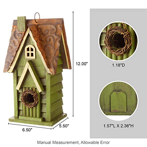 Glitzhome 12" H Green Hanging Distressed Solid Wood Garden Bird House Decorative Birdhouse - color: 12"H Green