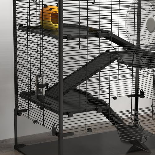 PawHut Large Hamster Cage with 9" Deep Tempered Glass Bottom, 4 Tiers Hamster Tank with Running Wheel, Hut, Water Bottle, Dish, Rat Cage for Syrian, Dwarf, Gerbils, Mouse, 31" x 19" x 31.5", Black | 4 Tiers Hamster Tank, Running Wheel, Hut, Water Bottle,