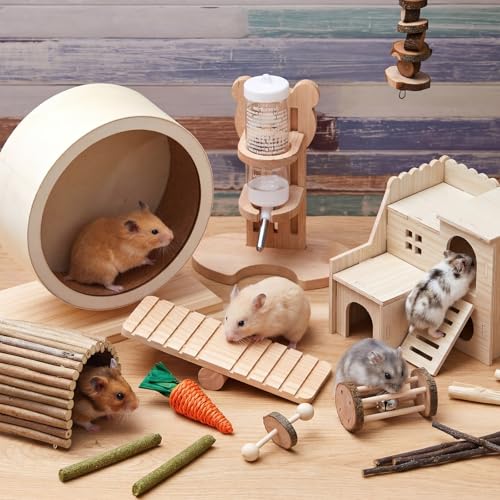 18 Pcs Hamster Cage Accessories, Silent Hamster Wheel 15 Toys Set | Maze Wood House and Water Bottle Set for Rat Mice Small Animals Habitat Decor Enrichment Starters (Serene Wooden Style) - style: Harmony Wooden Style