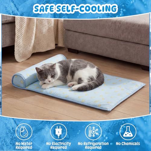 DoubleFill 4 Pack Cooling Pet Mats 15.7" x 23.6" Cooling Dog Beds with Supportive Pillow Self Ice Washable Cool Pads Summer Cat Sleeping Pad with Storage Bag for Summer Crate Floor (Small, Blue) - size: Small, style: Blue