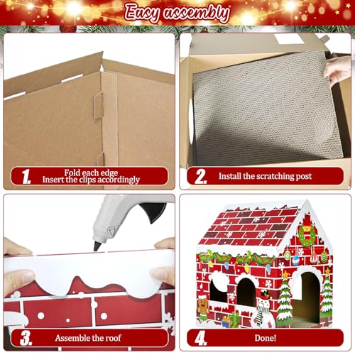 Cinrobiye Christmas Cardboard Cat House with Scratcher Pet Gingerbread Board Bed Cave Playhouse Hideaway Hideout Condo Decor Small Animals Scratch Box for Indoor Cats Kittens Rabbits Bunny (Red, 1) - color: Red
